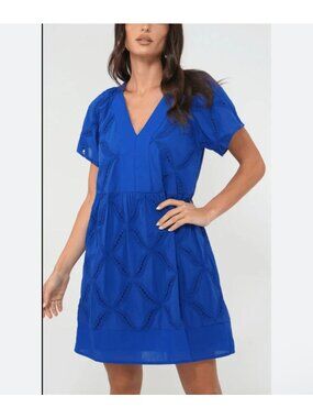 Greylin Fawn Blue Embroidered Short Sleeve Dress V-Neck Women’s Size L